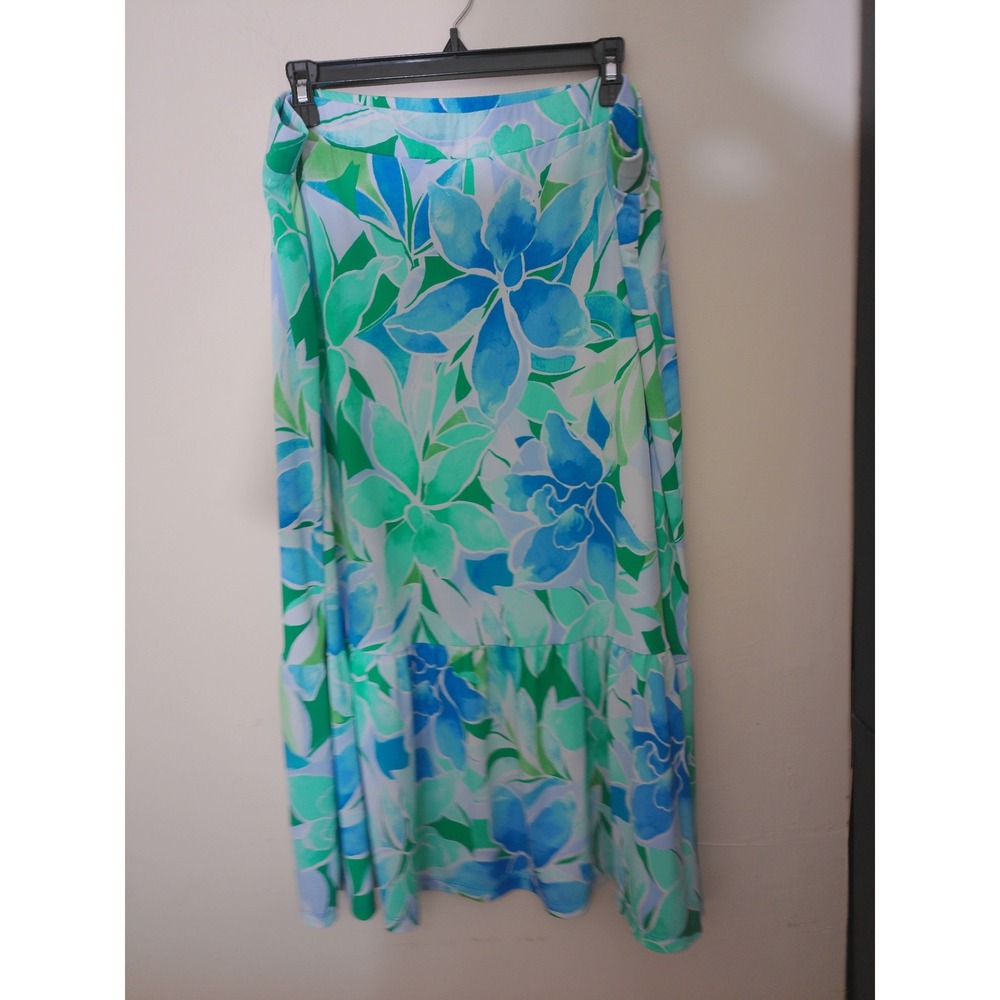 Susan Graver Maxi Skirt Women XL Blue Green Floral Tiered Ruffle Coastal Boho